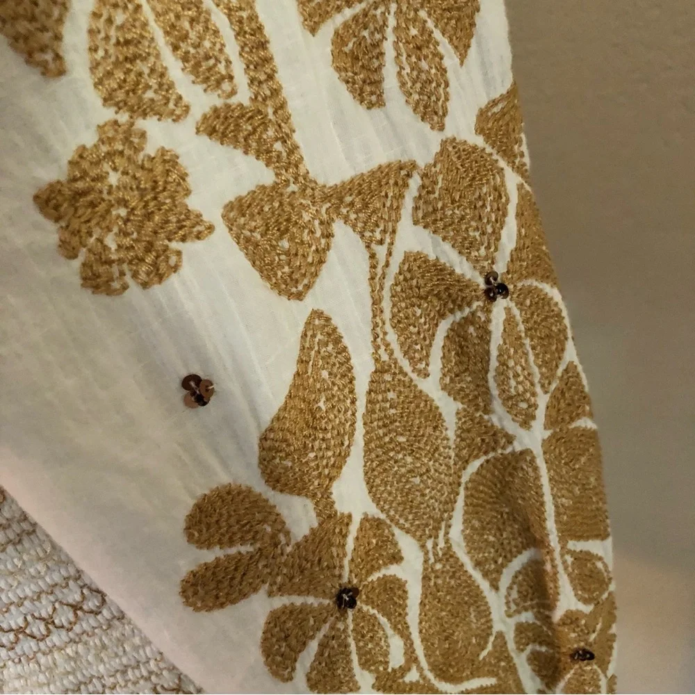 Anthropologie Cream and Brown Embroidered Blouse w/Embellishments Throughout